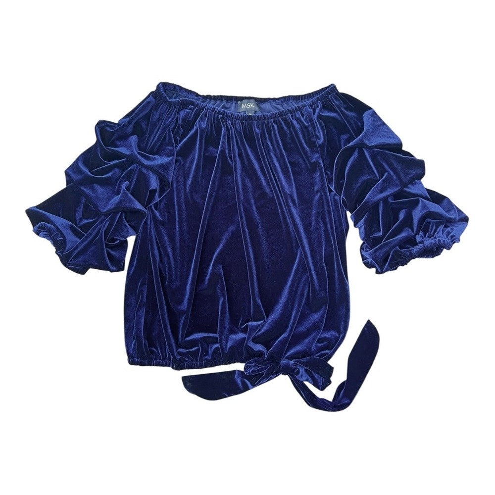 MSK - Navy Blue Velvet Blouse - Off-Shoulder Top - Big Sleeves - Stretchy Size M